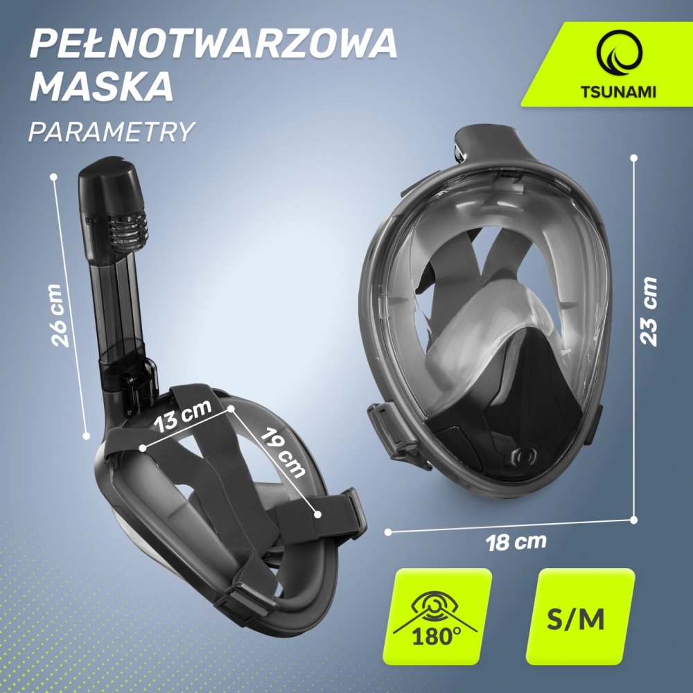 TSUNAMI Full Face Snorkel Mask with 180° Panoramic View, S/M (0)