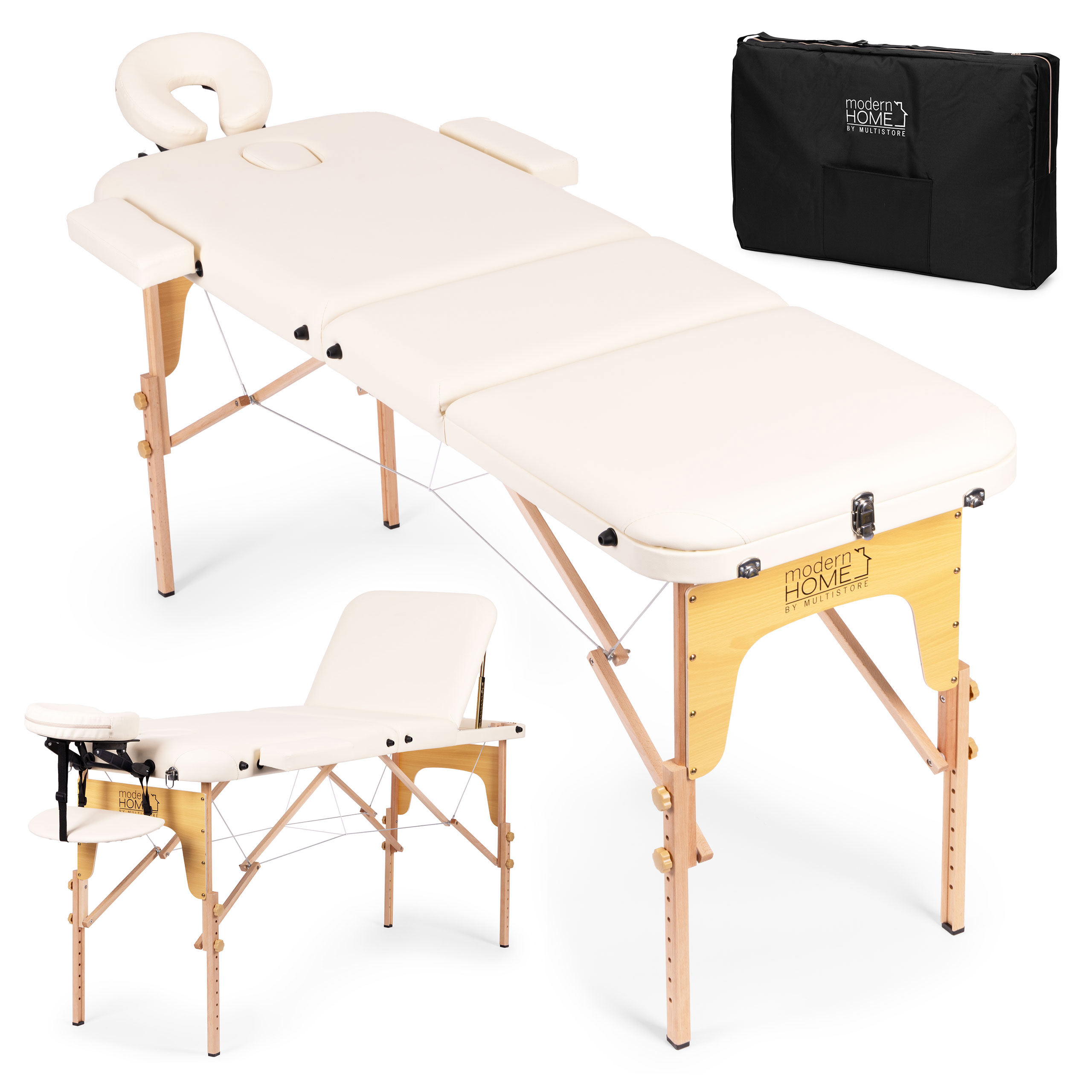 ModernHome 3 Section Wooden Portable Massage Table for Therapy with Carry Case