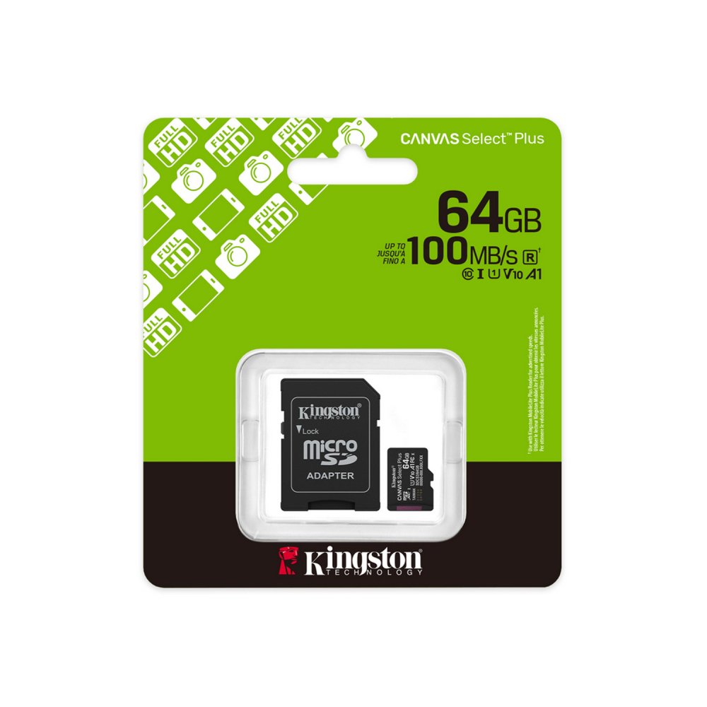 Kingston Canvas Select Plus 64GB MicroSD Memory Card 100MB/s with Adapter, black (1)