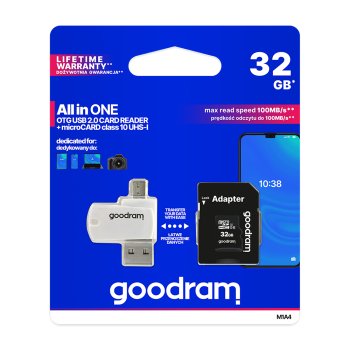 Goodram 32GB microSDHC Memory Card Class 10 UHS-I with Adapter and Reader, black