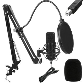USB Condenser Microphone Kit with Boom Arm Stand and Pop Filter for Streaming, Black