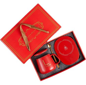 Electric Mug Warmer with Ceramic Cup and Spoon Set, Red