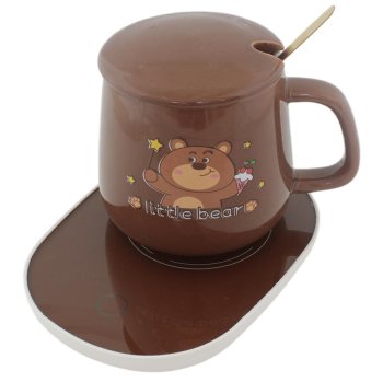 Electric Mug Warmer Set with Cup and Spoon, Bear Design, Brown