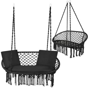 Double Macrame Hanging Chair Gardlov 300kg, Black