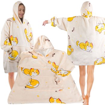 Cozy Cat Hoodie Blanket, Warm Oversized Wearable Sweatshirt for Adults & Kids