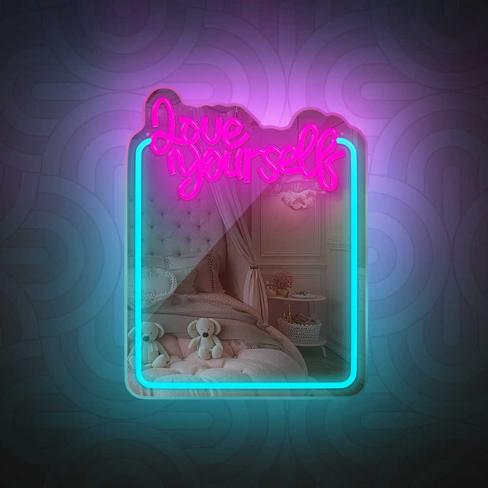LED Neon Mirror Sign LOVE YOURSELF Dimmable Wall Decor Forever Light FMNE01, Blue Pink (2)