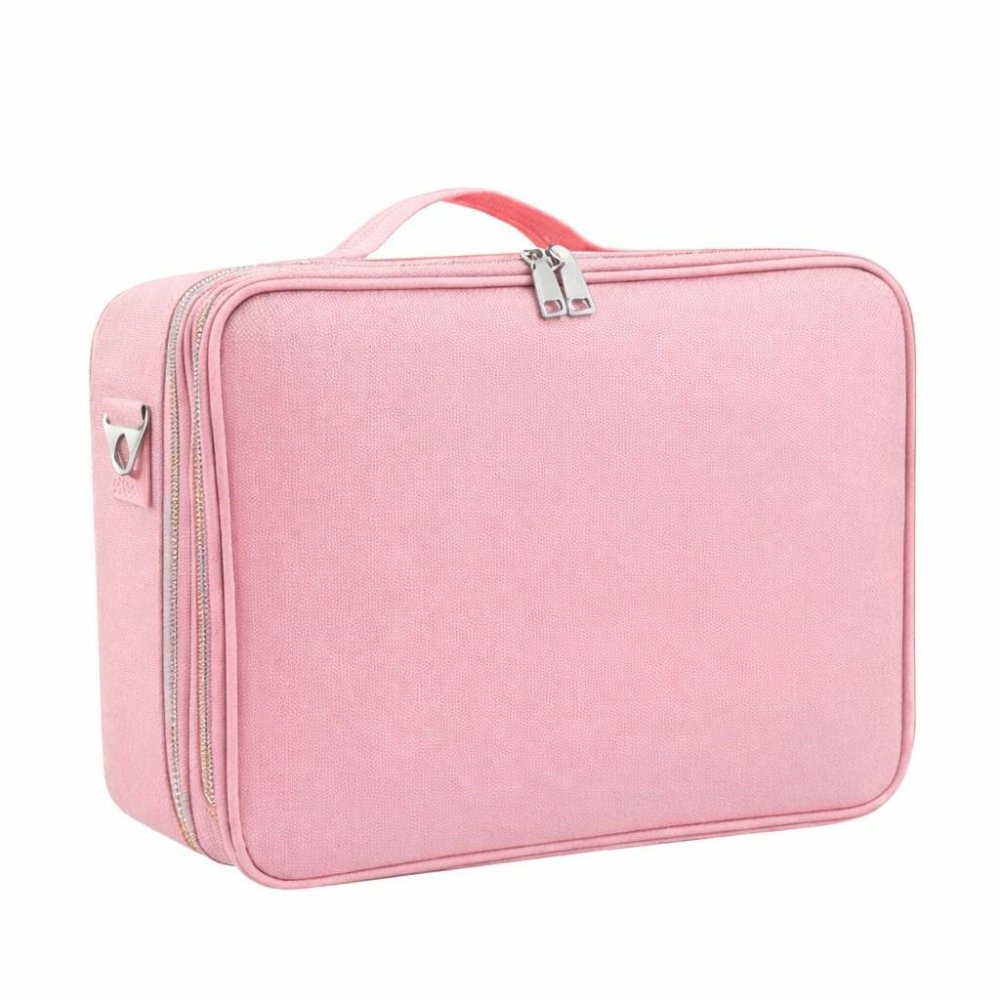 Makeup Train Case Travel Cosmetic Organizer with Adjustable Dividers, Pink (2)