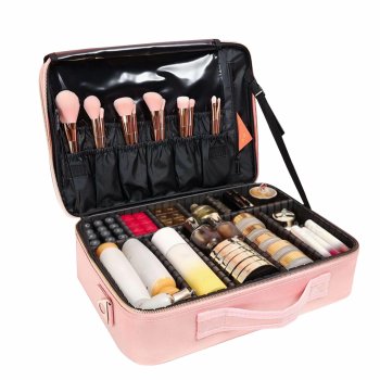 Makeup Train Case Travel Cosmetic Organizer with Adjustable Dividers, Pink