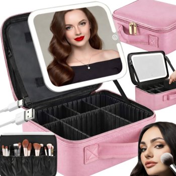 Makeup Case with LED Lighted Mirror, Travel Cosmetic Organizer for Women, Pink