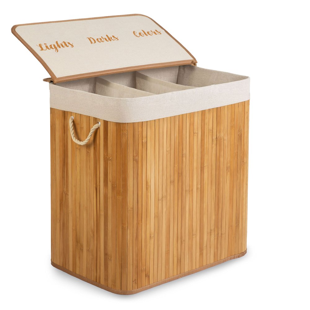 Massido 150L Bamboo Laundry Hamper, 3-Section Sorter with Lid (0)