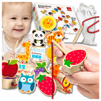 Montessori Wooden Lacing Beads and Blocks 42 pcs. Alphabet, Animals & Fruits
