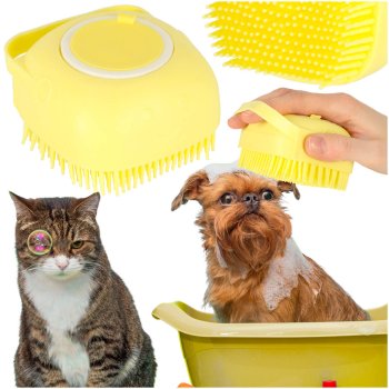 Silicone Pet Grooming Brush for Dogs and Cats with Shampoo Dispenser, Yellow