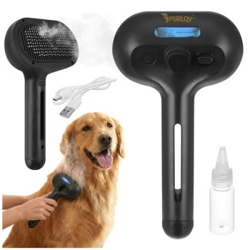 Purlov 26905 Steamy Pet Brush for Dogs and Cats, 3-in-1 Grooming Tool with USB-C