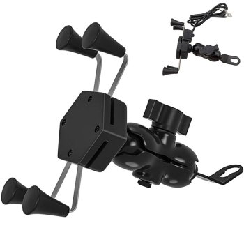 Motorcycle phone mount with USB charger, 360° rotation, black