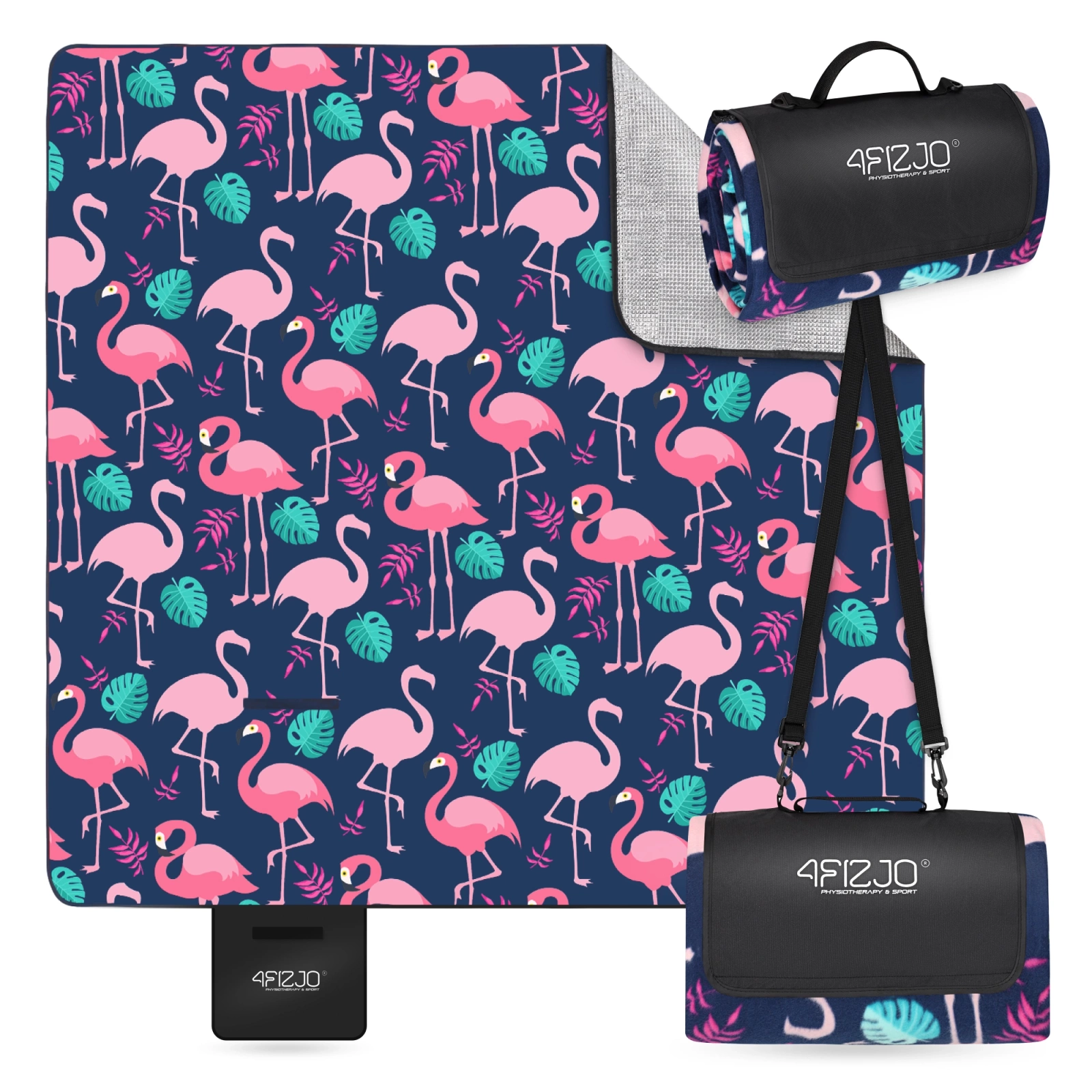 Waterproof Picnic Blanket 4FIZJO Large 200x200 cm for Beach & Outdoor, Flamingo