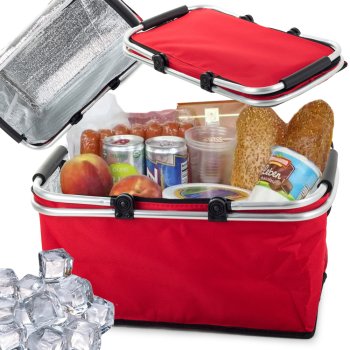 Foldable insulated picnic basket for shopping and outings, red