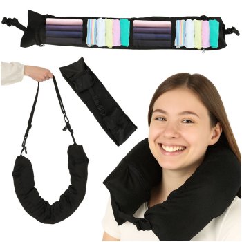 Stuffable Travel Neck Pillow with Storage Compartment, Black