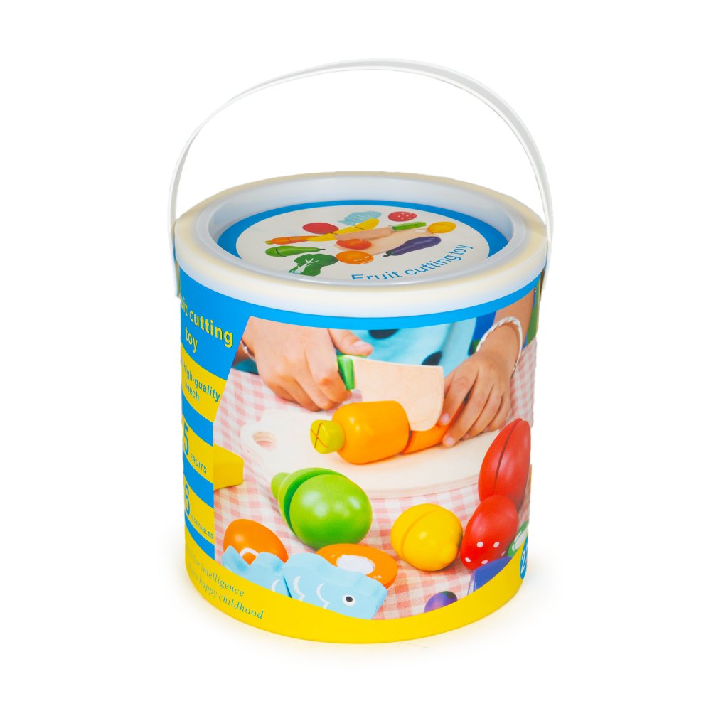 Wooden Cutting Play Food Set Fruits and Vegetables with Bucket, 13 Pieces (2)