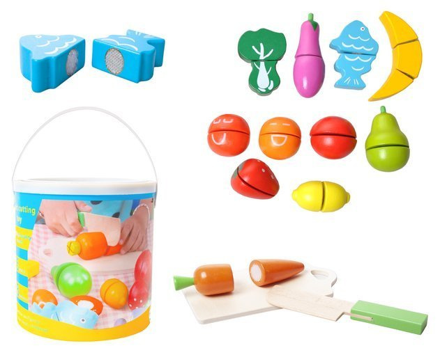 Kids Toy Wooden Cutting Vegetables and Fruits in a Bucket (3)