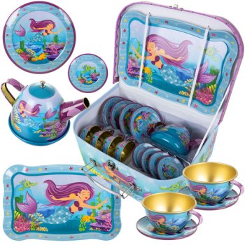 Mermaid Tin Tea Set for Kids, 9-Piece Pretend Play Toy with Carry Case
