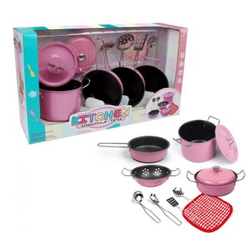 Kids Kitchen Cooking Utensils Set (Pot, Frying pan, Ladle, Spatula, etc.) Toy Kitchenware Kit, Pink