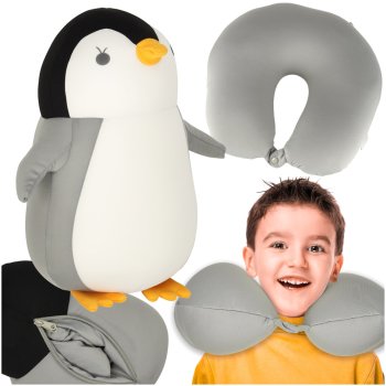 2-in-1 Kids Travel Neck Pillow and Penguin Stuffed Animal Toy, Grey
