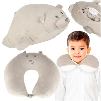 Convertible Kids Travel Pillow 2-in-1 Teddy Bear Neck Pillow, Grey