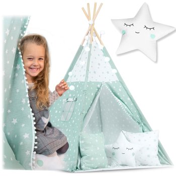 Tent Tipi for Children with Lights, Mint Color with Stars