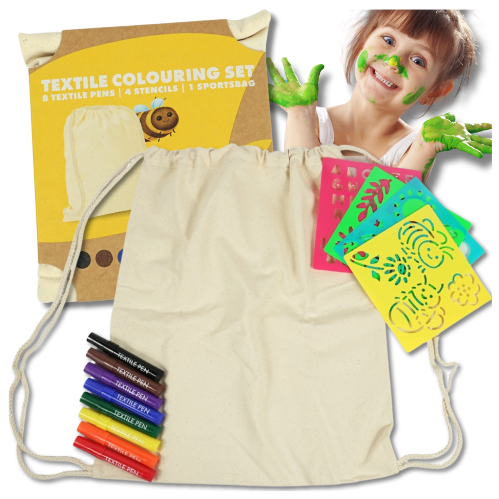 DIY Cotton Drawstring Backpack to Color for Kids with Fabric Markers and Stencils