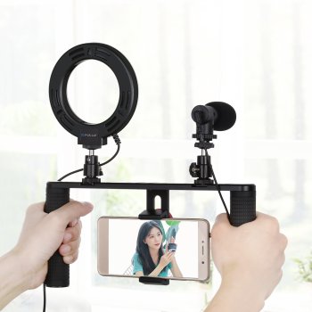 Puluz Dual Handle Vlog Kit Stand with LED Lamp and Microphone for Smartphone