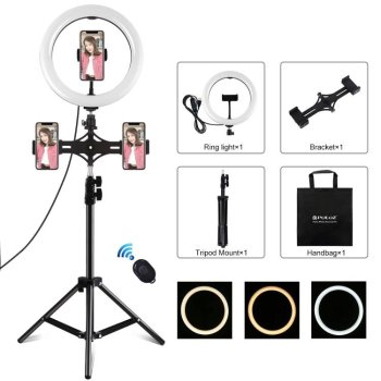 Puluz Vlogging Ring Photo Video Light Lamp 26cm with Tripod Mount 1.1m and 3 Phone Slots