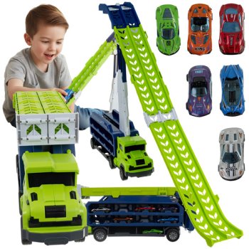 Car Carrier Truck Transporter with Slide Ramp and 6 Metal Cars 26527