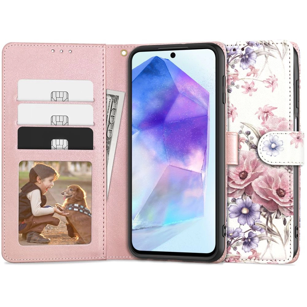 Samsung Galaxy A55 ( SM-A556B/DS ) Tech-Protect Wallet Book Case Cover, Pink Flowers