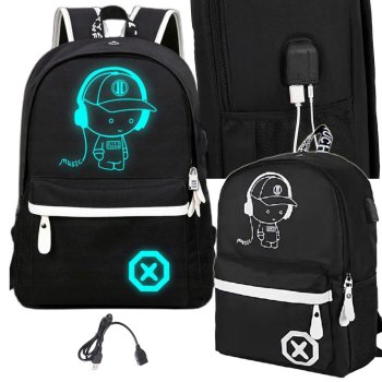 Luminous Reflective Teen School Backpack with USB Port, Black