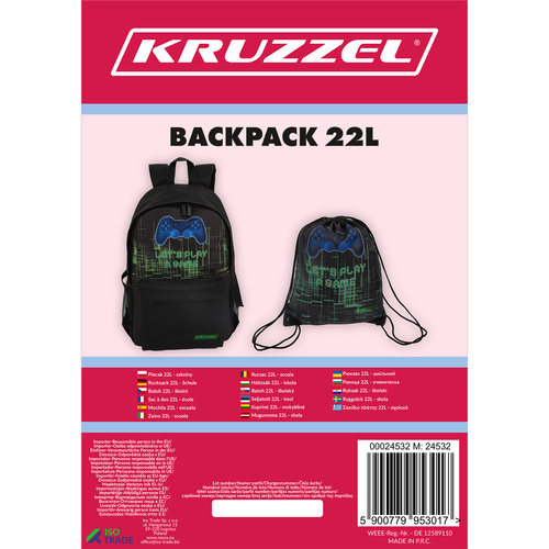 Gaming School Backpack with Shoe Bag 22L, Kruzzel 24532, Black (0)