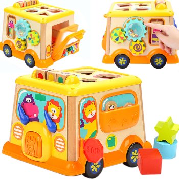 Wooden Activity Cube Bus Toy with Shape Sorter and Number Blocks