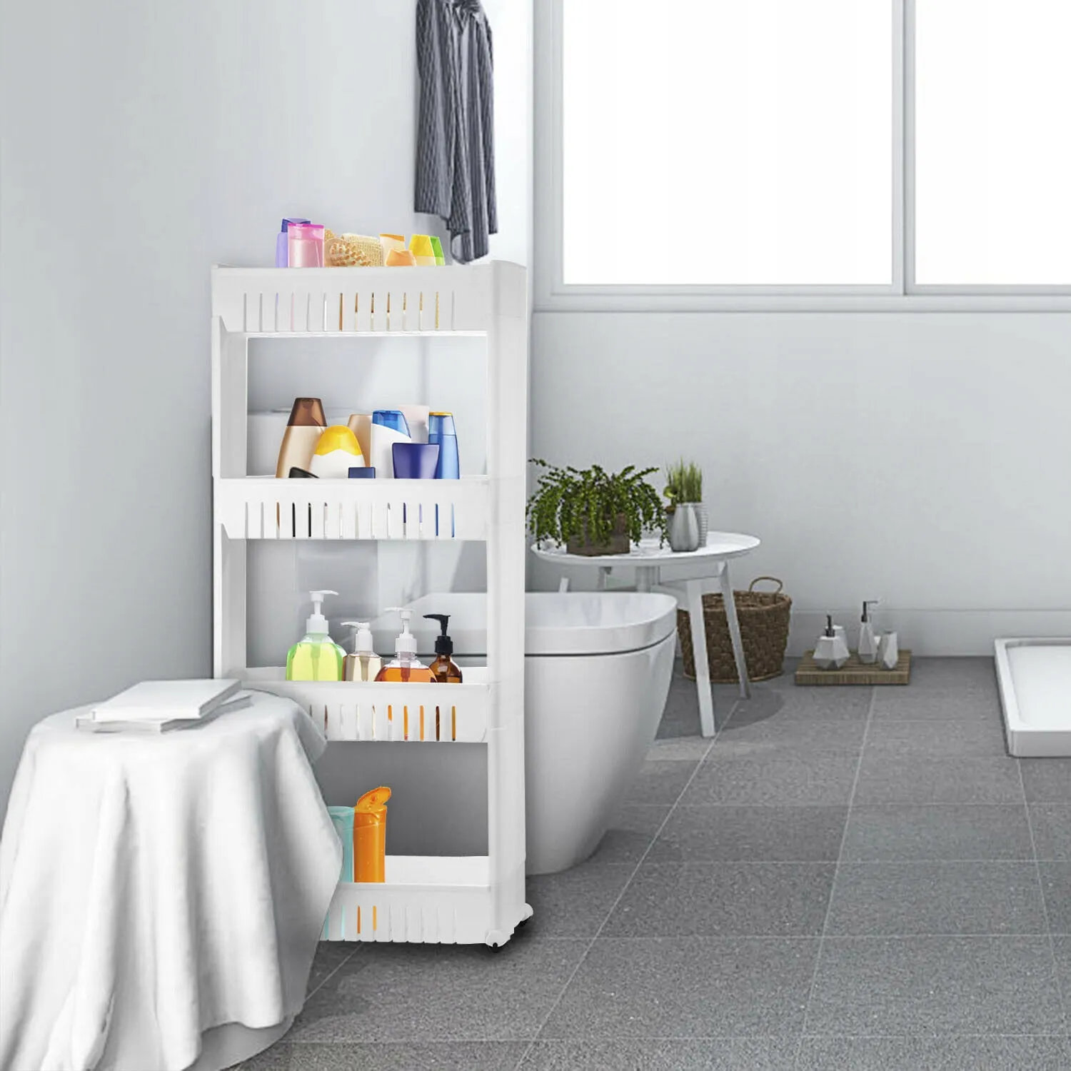 Storage Trolley on Wheels, Rolling Cart Organizer Shelf for Bathroom Kitchen Laundry Room Narrow Places, White (0)