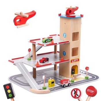 Children Play Wooden Multi-storey Parking Garage with Elevator, Gas Station and Cars