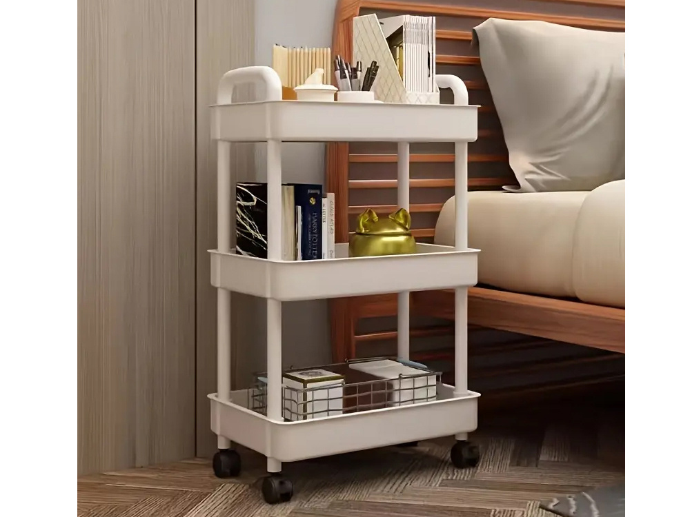 Three Level Storage Trolley on Wheels, Rolling Cart Organizer Shelf, Black (0)