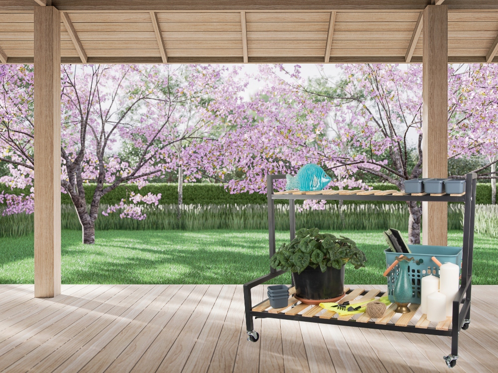 Wooden Two-level Shelf on Wheels for Terrace Garden Home (7)