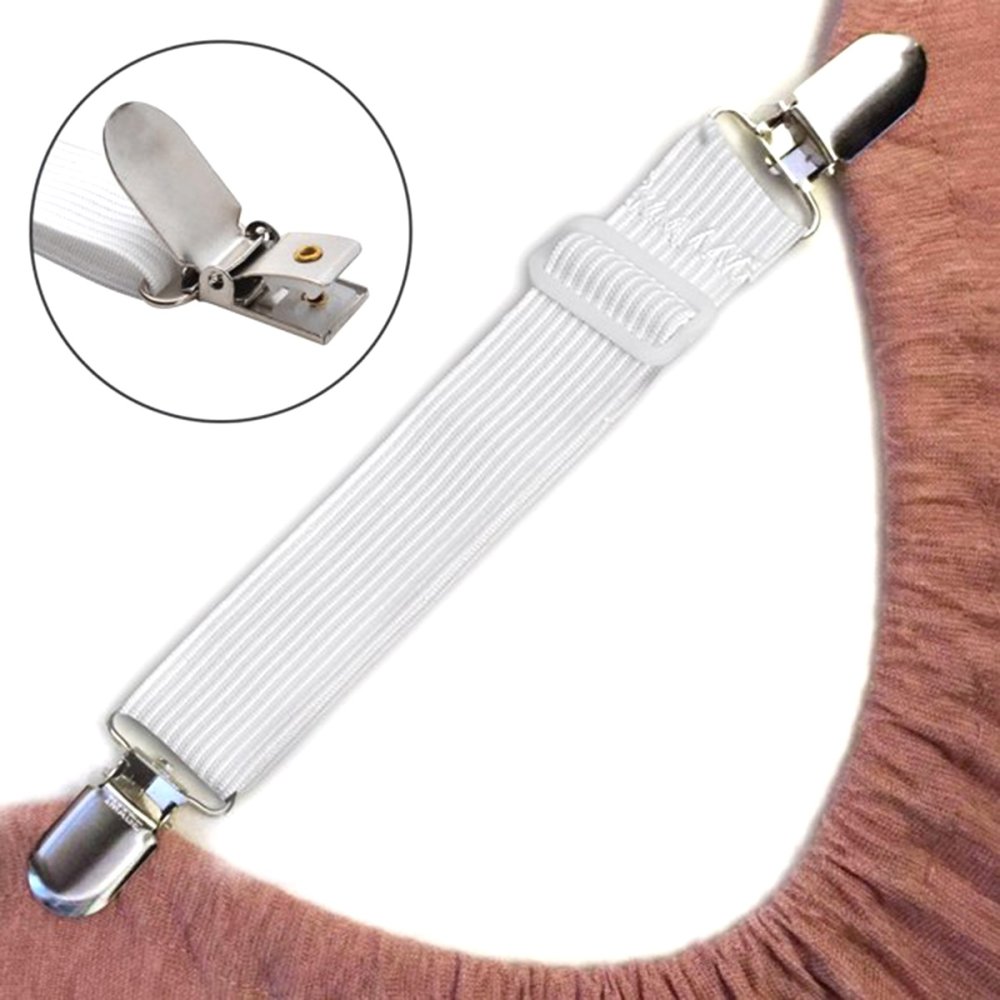 Adjustable Bed Sheet Fasteners with Clips, 2 Pack, White (1)