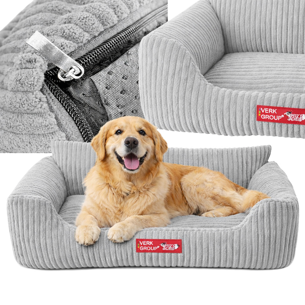 Cozy Corduroy Dog Bed with Removable Washable Cover, L, Light Gray