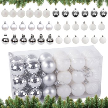 Christmas Tree Baubles, White and Silver, Unbreakable, 36 pcs Set, 3 cm