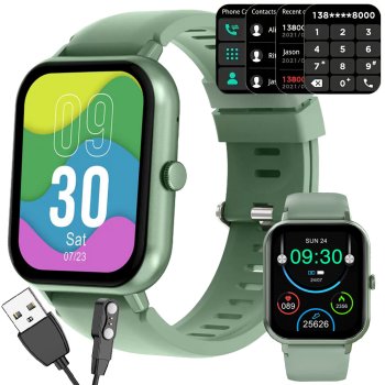 Sport Smartwatch with Bluetooth Calls and Silicone Strap, Green