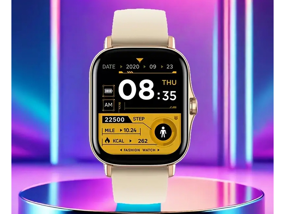 Smartwatch for Men and Women with Bluetooth Calls, Fitness Tracker, Rubber Strap, Gold (1)