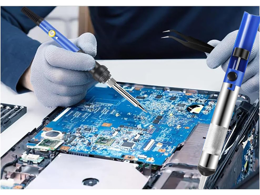 Precision soldering iron 60W, 200–450°C, set with desoldering pump, blue (3)