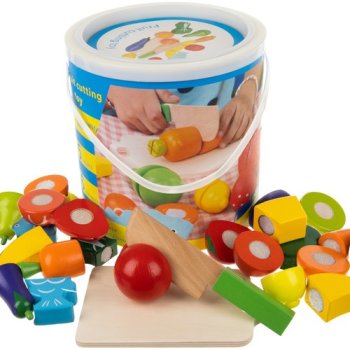 Kids Toy Wooden Cutting Vegetables and Fruits in a Bucket