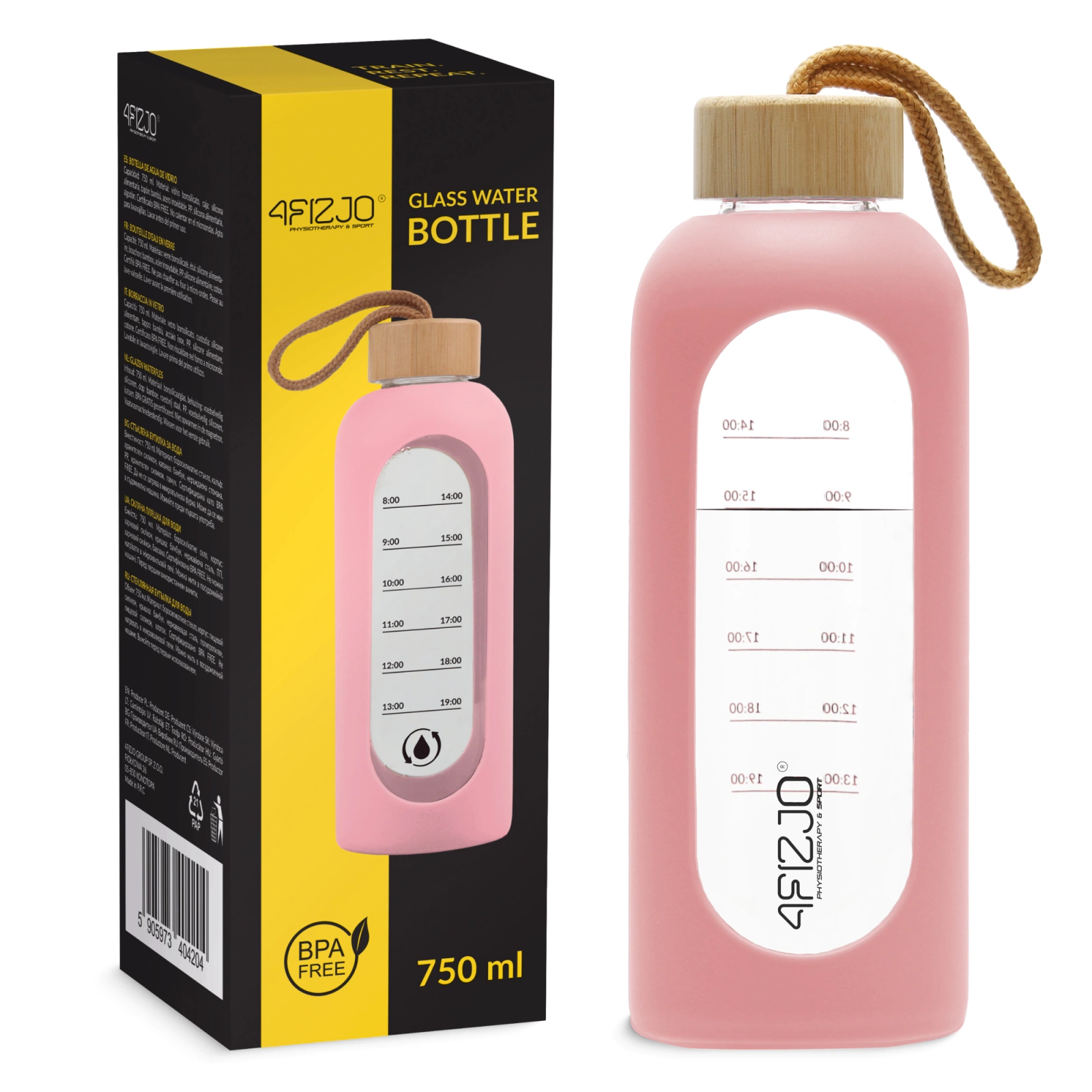 4FIZJO Borosilicate Glass Water Bottle 750ml, Pink