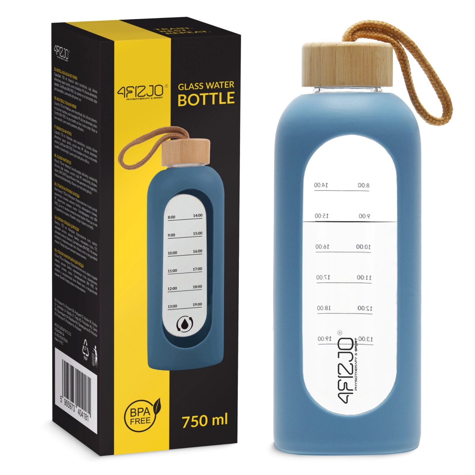 4FIZJO Sports Glass Water Bottle 750ml with Silicone Sleeve, Blue