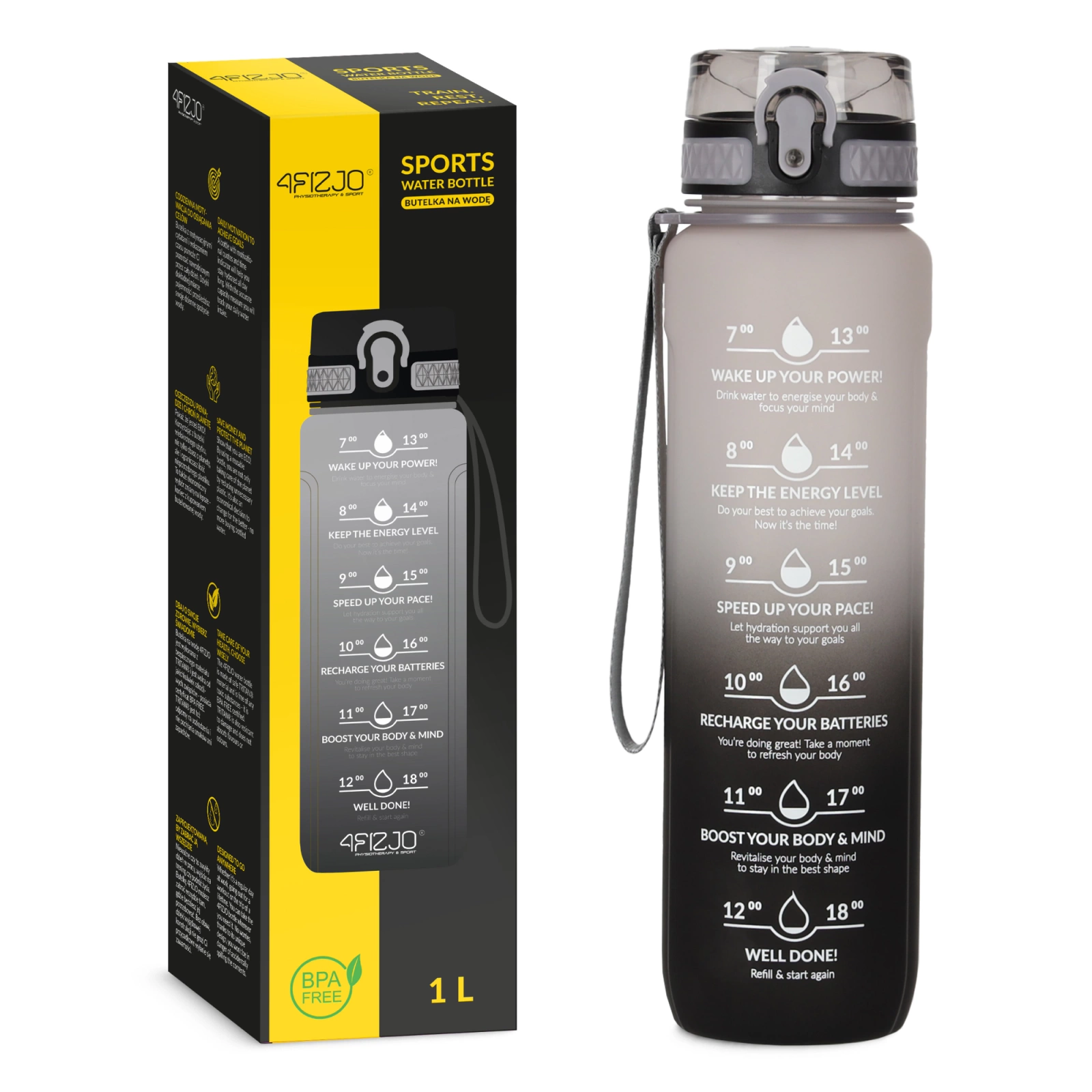 4FIZJO Motivational Water Bottle with Time Marker 1L, Grey